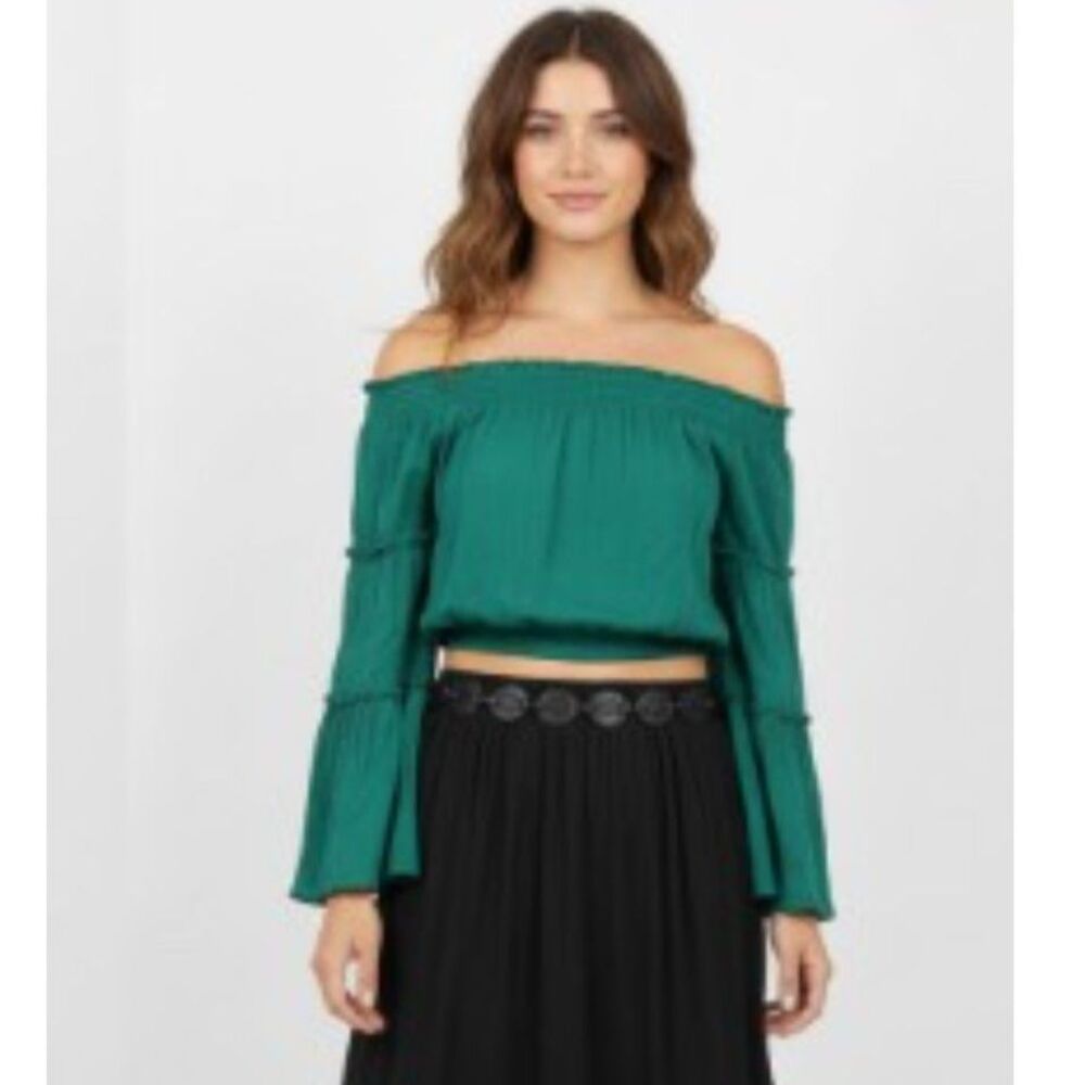 Free People Green Cropped Long Bell Sleeve Boho Festival‎ Peasant Top S